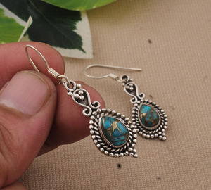 Boucles d'oreilles pendantes vintage en argent sterling avec turquoise bleue naturelle, pierre véritable, bijoux de luxe pour mariage et fête - Product Image 3
