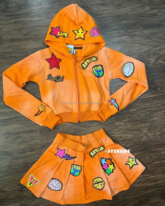 Hottest New Women's Custom 100% Cotton Fleece Crop Zip Hoodie <b>Skirt</b> Above Knee Solid Sporty Two Piece Set - Product Image 2