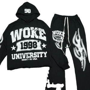 Ensemble de sweat-shirts à capuche Y2K 2 pièces en coton 100% avec imprimé encre blanche, poche et manches raglan, style streetwear décontracté et oversize - Product Image 1