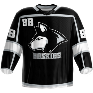 Camiseta de Hockey sobre Hielo Huskies para Hombre, Negra, Manga Larga, Sublimada, Cuello Redondo, Absorbe la Humedad, Corte Regular para Adultos, 100% Poliéster Malla - Product Image 1