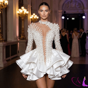 Luxury Pearl Embellished Short Wedding Dress Designer | Bridal <b>Mini</b> Gown Elegant Party Wear High End Fashion Dress for Women - Product Image 4