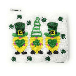 Monedero de mano con cremallera, bordado de trébol y gnomos con cuentas de semillas, hecho a mano, moderno, compacto, para regalo de la fiesta de San Patricio, al por mayor - Product Image 1