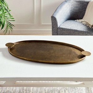 Bandeja de Servir Ovalada de Latón Antiguo con Asas Circulares, Plato Decorativo de Metal Texturizado Vintage para Mesa de Centro - Product Image 1