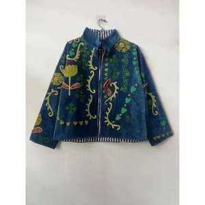 Artisan Blue <b>Velvet</b> Suzani <b>Jacket</b> Floral Embroidered With Animal Pattern Bohemian Full Sleeve <b>Women's</b> Spring Outerwear - Product Image 1