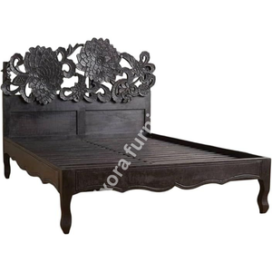 Cadre de lit en bois massif artisanal de luxe, orné de sculptures florales de tournesol, finition noire mate charbon de bois - Product Image 4