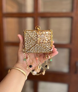 Ethnic Vintage Embellished <b>Gold</b>-Plated Metal Embossed Eco-friendly Kundan Bridal <b>Clutch</b> Handmade Evening Bag Wedding Event Party - Product Image 4