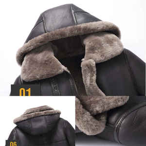 Blouson Bomber Homme en Cuir Véritable avec Capuche, Doublure en Fausse Fourrure, Fermeture Éclair, Vêtement d'Hiver Style Moto - Product Image 3