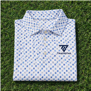 Trackstar Men's White <b>Blue</b> Geometric Square Print <b>Polo</b> <b>Shirt</b> Short Sleeve Button Collar Casual Golf <b>Shirt</b> Custom Logo - Product Image 6