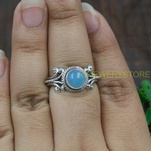 Natural Blue Calcedony <b>Ring</b> 925 Sterling Silver Handmade Vintage Filigree <b>Ring</b> <b>Boho</b> Statement Gemstone Jewelry for Women Unisex - Product Image 5