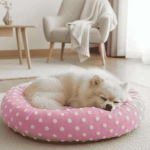 Coussin rond pour animaux de compagnie Yommy pour chiens et chats, doux, chaud et moelleux avec un motif à pois pour les petits amis - Product Image 1