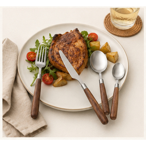 Ensemble de couverts en acier inoxydable écologiques en gros avec manche en bois de noyer naturel, vaisselle moderne et minimaliste pour hôtel - Product Image 6