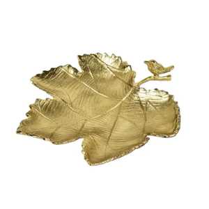 Bandeja de Metal con Hoja de Arce Dorada y Acabado de Latón con Diseño de Pájaro, Plato de Servir de Aluminio, Plato para Joyas y Adornos, Porta Llaves, Tazón para Dulces, Centro de Mesa - Product Image 1
