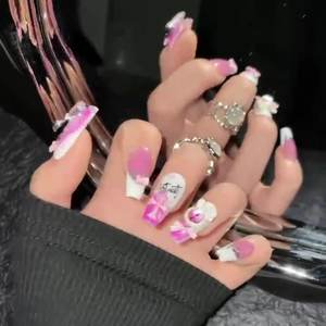 Gros rose <span class=keywords><strong>petit</strong></span> monstre yeux de chat mignon art artificiel peint à la main arc tridimensionnel couverture complète faux ongles - Product Image 3