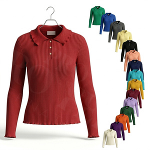 Polo côtelé 100 % haute qualité avec détails boutonnés personnalisés et col à volants, manches longues, doux et confortable, style tendance - Product Image 1