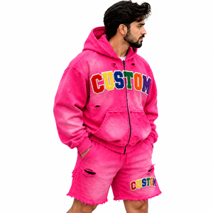 Ensembles deux pièces en molleton lavé pour hommes, brodés, rose, effet couleur personnalisée, effet vieilli, avec sweat à capuche zippé 100% et survêtements pour femmes, vente en gros - Product Image 5