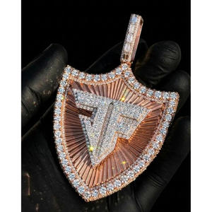 Fully Iced Lab Grown Diamond Shield Pendant 925 Sterling Silver Mixed <b>Cut</b> <b>Stone</b> Rose Gold Tone Hip Hop Jewelry - Product Image 2