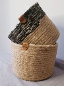 Ensemble de paniers de rangement en rotin naturel avec poignées, forme ronde, contenants multi-usages, style rustique - Product Image 5