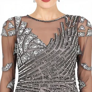 Robe de soirée luxueuse gris ardoise ornée de perles |   Robe de bal élégante à manches longues avec sequins géométriques |   Robe de soirée longue formelle pour invitées de mariage - Product Image 5