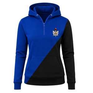 Sudadera con capucha para mujer, personalizada, azul real y negra, con diseño de 2 paneles cruzados, media cremallera, bloques de color, manga larga, estilo casual y de moda para hermandades - Product Image 1