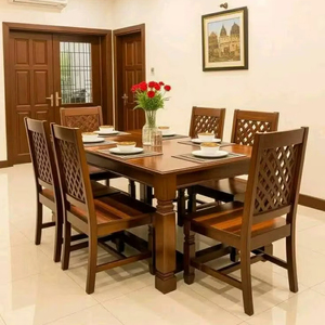 Luxury Handcrafted Solid Wood 6 Seater Dining <b>Table</b> Set Premium <b>Walnut</b> Finish Rectangular <b>Table</b> Set - Product Image 1