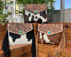 Bolso bandolera con flecos de cuero mecanizado a mano, bolso de hombro con piedra turquesa de piel de vaca, sobre de cuero occidental, monedero para mujer - Product Image 3