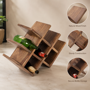 Porte-bouteilles en bois artisanal, support de rangement autoportant pour 6 bouteilles, pour comptoir de cuisine, bar à domicile, restaurant et présentation à la salle à manger - Product Image 3