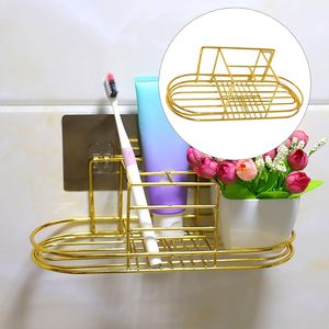 Handmade <b>Gold</b> Metal Bathroom Organizer <b>Shelf</b> <b>Wall</b> Mounted Adhesive Storage Rack for Toothbrush Toothpaste Soap Shampoo Cosmetics - Product Image 4