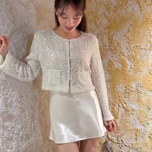 Elegante Conjunto de Chaqueta y Minifalda de Tweed Blanco Sólido para Fiesta y Cita Nocturna, 100% Poliéster Transpirable - Product Image 2