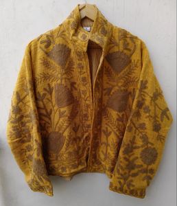 เสื้อแจ็คเก็ตผ้าควิลท์ปักลายซูซานีแบบกลับด้านได้ ขายดีประจำปี 2026 สีเหลืองลายดอกไม้สไตล์โบโฮ ปักมือ ผ้าฝ้าย ระบายอากาศได้ดี เป็นมิตรกับสิ่งแวดล้อม - Product Image 1