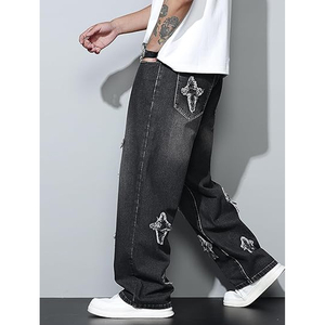 Jean en denim noir délavé coupe ample pour homme, jambe large, style décontracté urbain streetwear - Product Image 3