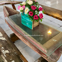 Table basse de rangement décorative en bois de bateau récupéré, écologique, avec plateau en verre, couleur naturelle, artisanale, meuble vintage pour la maison