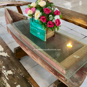 Table basse en bois de bateau récupéré avec plateau en verre, couleur originale, artisanale, style vintage antique pour la maison, la cuisine, le salon - Product Image 2