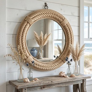 Miroir mural en rotin, cadre naturel simple, parfait pour la décoration de bureau ou de studio, pour une ambiance minimaliste et calme, provenant d'Inde. - Product Image 3