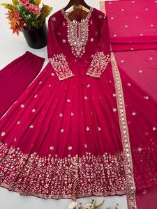 Vestido de fiesta Diwali para mujer, diseño de diseñador, largo hasta el tobillo, en georgette pesado con bordado de lentejuelas, incluye vestido, pantalón y dupatta. - Product Image 6