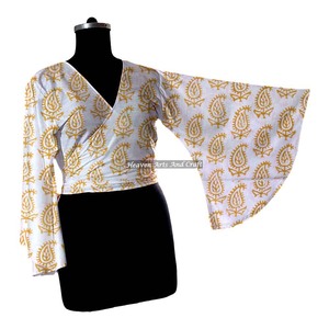 2026 Women's 100% Cotton Wrap Tie Dress Beach Wear Block Print Decoration Ladies Natural For Beach Part Wear Women <b>Top</b> - Product Image 4