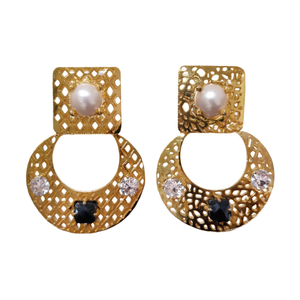 Gold Plated Pearl Diamond Chandelier Earrings-Ethnic Flower Design for Wedding Party Gift - Product Image 2