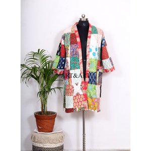 Kimono vintage en soie indienne fait main, style sari Kantha, pour femme, robe patchwork, robe de nuit maxi, robes en coton, kimono - Product Image 3