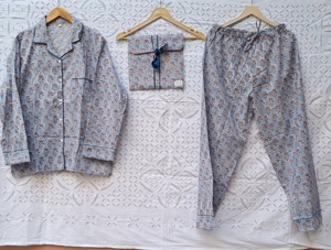 Wholesale Custom Block Printing Cotton Fabric Pajama Set With Button <b>Down</b> Collar & Elastic Waist Bottom <b>Pant</b> Comfy Sleepwear - Product Image 1