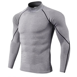 Camiseta Deportiva de Manga Larga para Hombre, Cuello Alto, Gris, Tejido de Punto, Secado Rápido, Corte Ajustado - Product Image 1