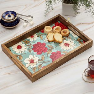 Plateau de rangement rond en bois, design bohème sculpté avec poignées noires pour utilisation sur table, logo gravé sur mesure - Product Image 5