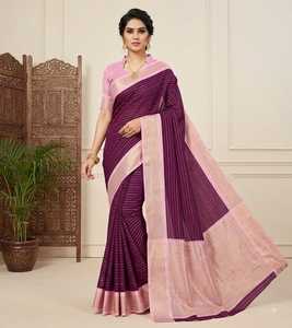 <b>Purple</b> And Pink MYSORE Silk <b>Saree</b> With Striped Design Traditional Indian Wedding Wear For Women - Product Image 1
