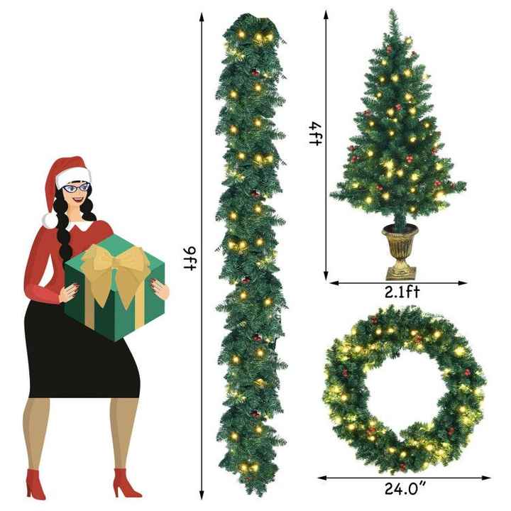4-Piece Christmas Decoration Set Including Garland Wreath and Entrance Trees