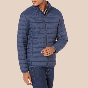 Veste matelassée légère bleu marine pour homme avec fermeture éclair intégrale et capuche, style superposé, idéale pour le froid et les tenues décontractées - Product Image 2
