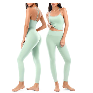 Ensemble de yoga tendance 2 pièces en tissu léger et doux, haut sans manches à col rond et legging taille haute avec fermeture élastique - Product Image 2