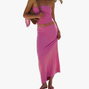 Women's Pink 2 Piece <b>Set</b> Sleeveless Tube Top With Maxi Long Skirt Casual Spring Summer Knitted Spandex Cotton Party Maxi <b>Sets</b> - Product Image 4