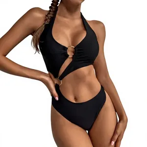 Women's One Piece Halter Monokini Cut-Out Design Gold Ring Detail Asymmetrical Style Cheeky Bottom <b>Tummy</b> <b>Control</b> Eco-Friendly - Product Image 6