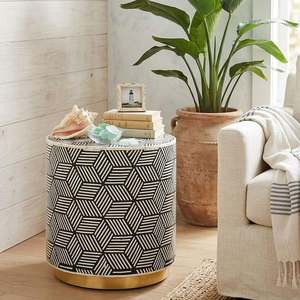 Modern Round Resin Inlay MDF Side Table With Geometric Pattern And Gold Base For Living Room Decor Wholesale B2b Supply - Product Image 1