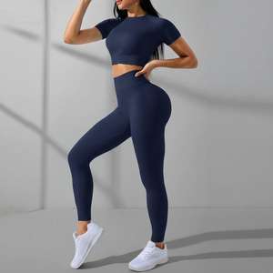 Custom Made <b>Women</b> Yoga Suits Quick Dry High Waist <b>Leggings</b> Short Sleeve <b>Crop</b> Top Gym Fitness Activewear Set - Product Image 1
