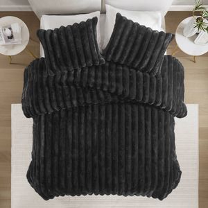 3 PCS King Size Ultrasoft Faux Fur Ribbed <b>Comforter</b> <b>Set</b> in Black - Product Image 4