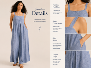 Women <b>Linen</b> Jumpsuit Casual Overalls Wide Leg <b>Rompers</b> Smocked Back Square Neck Strapped Loose Elegant Wholesale Dungarees - Product Image 4